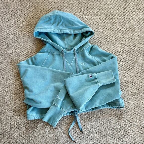Champion Cropped Hoodie Women M Vintage Blue Reverse Weave Pullover Cinch Waist - Picture 6 of 11